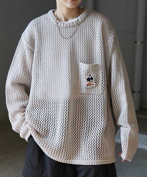 Red Cap Girl（レッドキャプガール）の「25SS ビッグシルエット ワンポイント刺繍 メッシュニットプルオーバー ユニセックス（ニット/セーター・メンズ・ブルー/ブラック/ベージュ・M/L）」の11枚目の写真