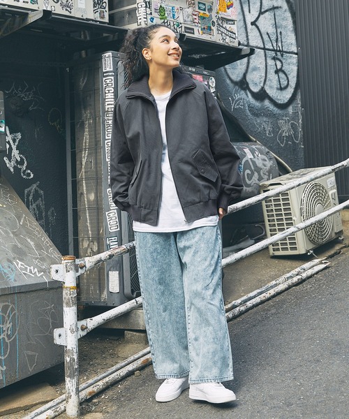 オーバーサイズリブハイネック 合成皮革/ダック フライトジャケット