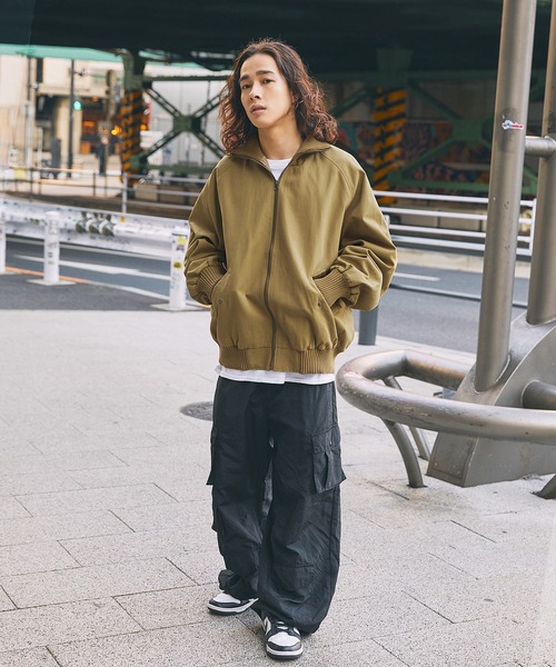 オーバーサイズリブハイネック 合成皮革/ダック フライトジャケット