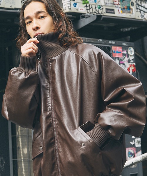 セール】オーバーサイズリブハイネック 合成皮革/ダック フライト