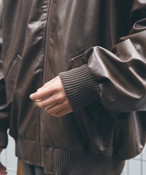 オーバーサイズリブハイネック 合成皮革/ダック フライトジャケット