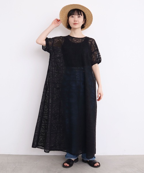 アトリエドゥサボン　刺繍ワンピース AMBIDEX Store △〇線画のお花ラミー刺繍 ワンピース(F コン): l