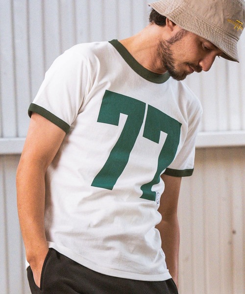 seventy seven(セブンティセブン)の「mt8993- middle onz S-S ringer t-shirts (big 77) Tシャツ(Tシャツ/カットソー・メンズ・ホワイト×グリーン/ホワイト×ブラック/グレー系その他・S/M/L/XL)」の2枚目の写真
