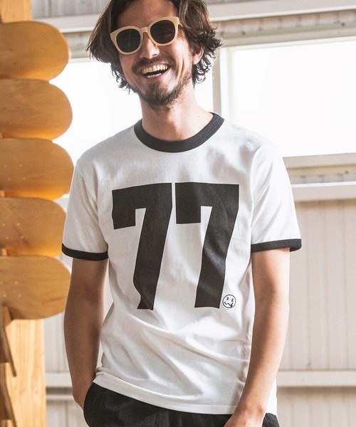 seventy seven(セブンティセブン)の「mt8993- middle onz S-S ringer t-shirts (big 77) Tシャツ(Tシャツ/カットソー・メンズ・ホワイト×グリーン/ホワイト×ブラック/グレー系その他・S/M/L/XL)」の3枚目の写真