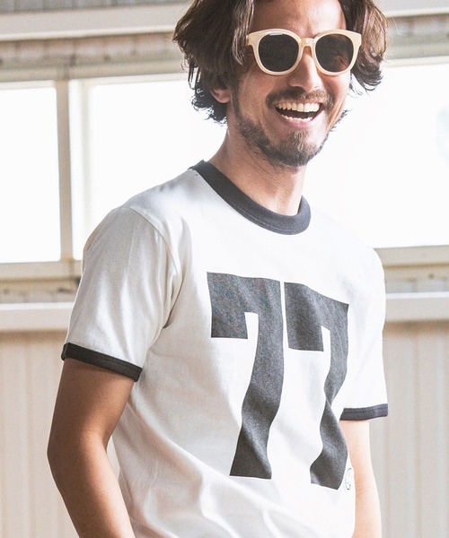 seventy seven(セブンティセブン)の「mt8993- middle onz S-S ringer t-shirts (big 77) Tシャツ(Tシャツ/カットソー・メンズ・ホワイト×グリーン/ホワイト×ブラック/グレー系その他・S/M/L/XL)」の4枚目の写真