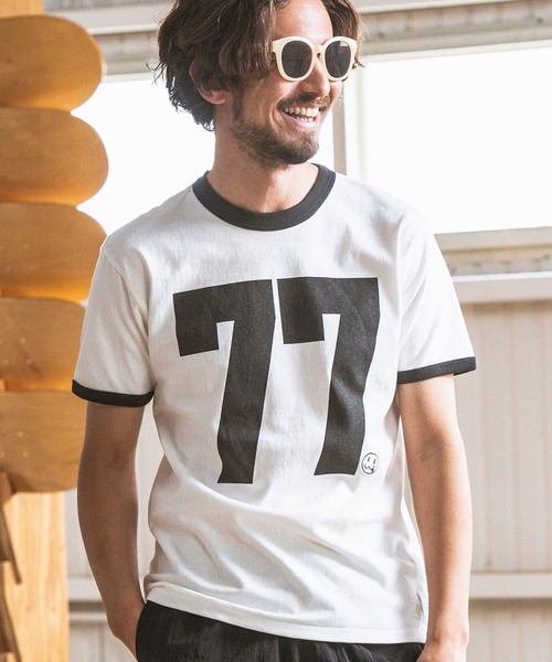 seventy seven(セブンティセブン)の「mt8993- middle onz S-S ringer t-shirts (big 77) Tシャツ(Tシャツ/カットソー・メンズ・ホワイト×グリーン/ホワイト×ブラック/グレー系その他・S/M/L/XL)」の5枚目の写真