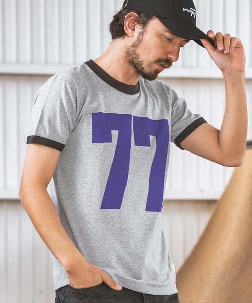 seventy seven(セブンティセブン)の「mt8993- middle onz S-S ringer t-shirts (big 77) Tシャツ(Tシャツ/カットソー・メンズ・ホワイト×グリーン/ホワイト×ブラック/グレー系その他・S/M/L/XL)」の9枚目の写真