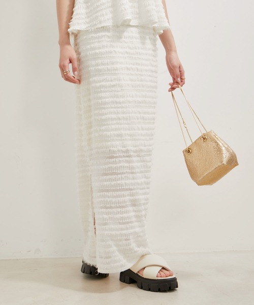 VIS（ビス）の「【洗える】フリンジジャガードスリット入りロングスカート（スカート・レディース・ブラック/キナリ・FREE）」の6枚目の写真
