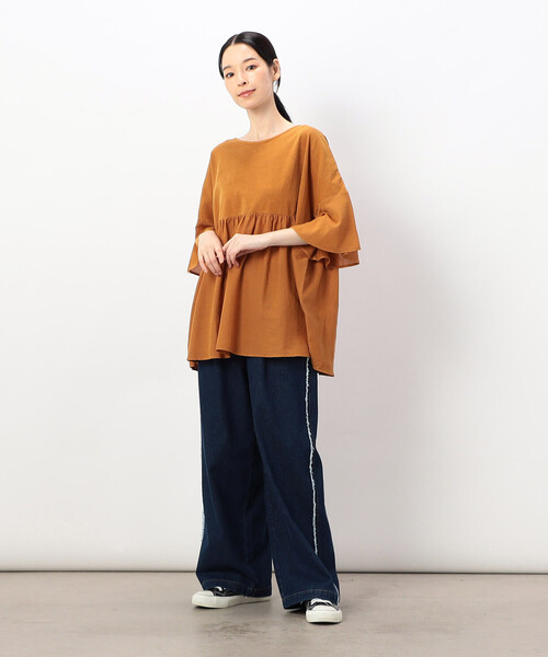 ONIGIRI（オニギリ）の「前後２ＷＡＹ 綿100％ フレアピグメントＴシャツ（Tシャツ/カットソー・レディース・チャコール/ブラウン/アイボリー/マスタード・FREE）」の15枚目の写真