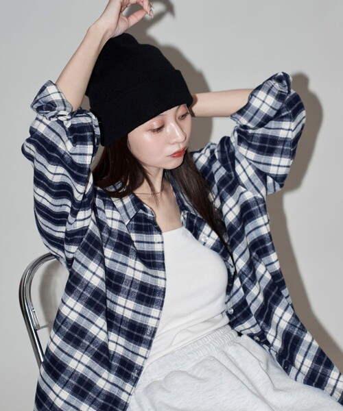 PUBLUX（パブリュクス）の「PUBLUX/パブリュクス オーバーサイズチェックシャツ　限定展開（シャツ/ブラウス・レディース・ブラウン/ネイビー/ベージュ/オレンジ・ﾌﾘ-）」の7枚目の写真