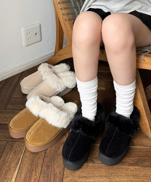 shopnikoniko（ショップニコニコ）の「ムートンスリッパ ムートンサボ フェイクムートン ファーストラップ付 厚底 スリッポン（スリッポン・レディース・キャメル/ブラック/アイボリー・L/LL/M）」の5枚目の写真