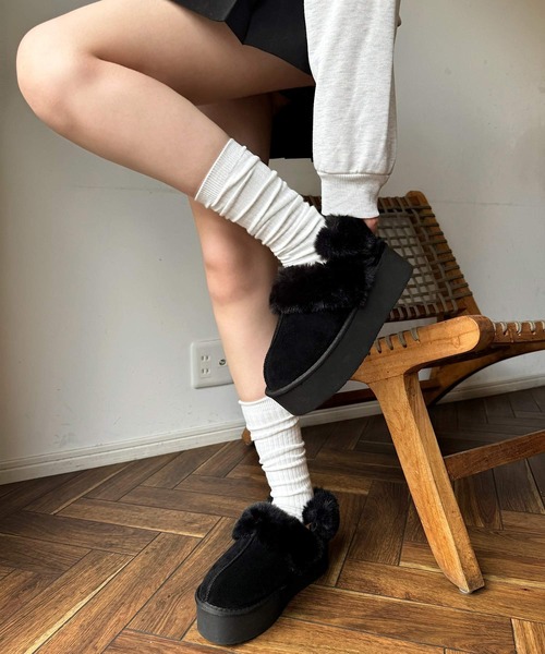 shopnikoniko（ショップニコニコ）の「ムートンスリッパ ムートンサボ フェイクムートン ファーストラップ付 厚底 スリッポン（スリッポン・レディース・キャメル/ブラック/アイボリー・L/LL/M）」の19枚目の写真