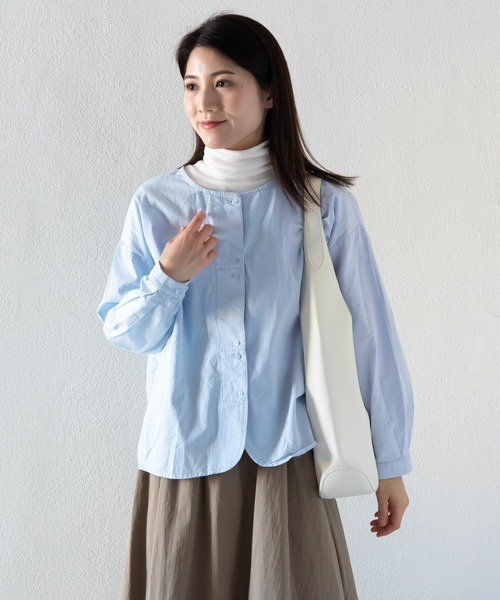 セール】ノーカラーダブルボタンブラウス / コットン シャツカーデ