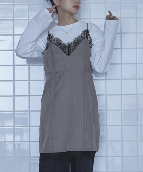 miette(ミエット)の「レーストリムピンストライプキャミソールワンピース(ワンピース・レディース・ブラック/グレー・FREE)」の1枚目の写真