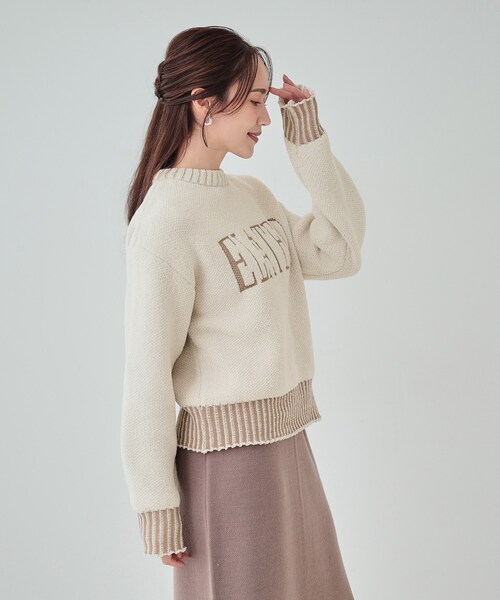 Cutie Blonde（キューティーブロンド）の「【S-LL】もちもち感がたまらない モールロゴリブ切替ニット（ニット/セーター・レディース・アイボリー/ネイビー・01/02/03/04）」の4枚目の写真