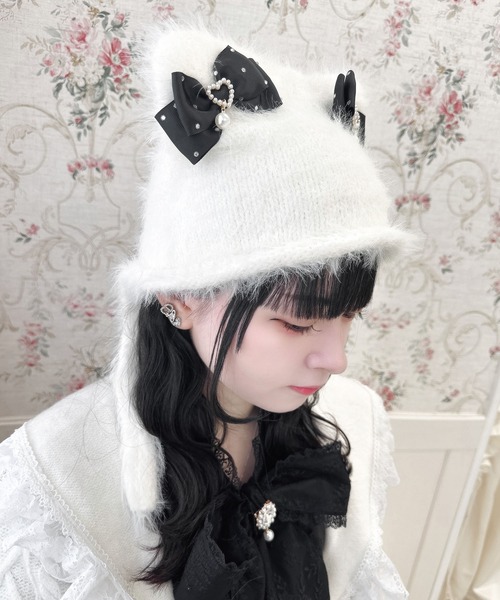 handmade♡ふわふわのタオルヤーン猫耳ニット帽ベージュ １点(リボン付き 23667361a91bffce0a201c9e9ea11b