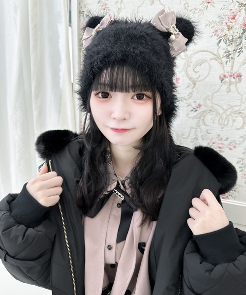 handmade♡ふわふわのタオルヤーン猫耳ニット帽ベージュ １点(リボン付き セール】【WEB限定カラー/マルチ】ビジュリボン付猫耳ニット帽