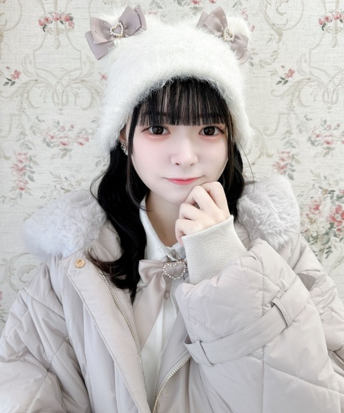 セール】【WEB限定カラー/マルチ】ビジュリボン付猫耳ニット帽