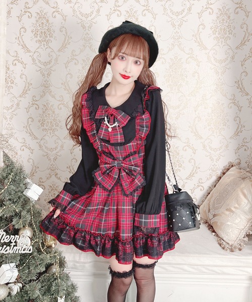 ダブルりぼんチェックレイヤード風ワンピース ダブルりぼんチェックレイヤード風ワンピース