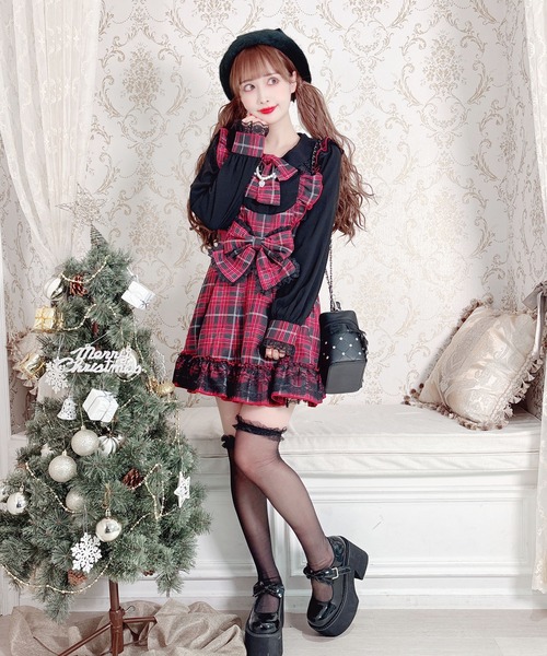 ダブルりぼんチェックレイヤード風ワンピース ダブルりぼんチェックレイヤード風ワンピース