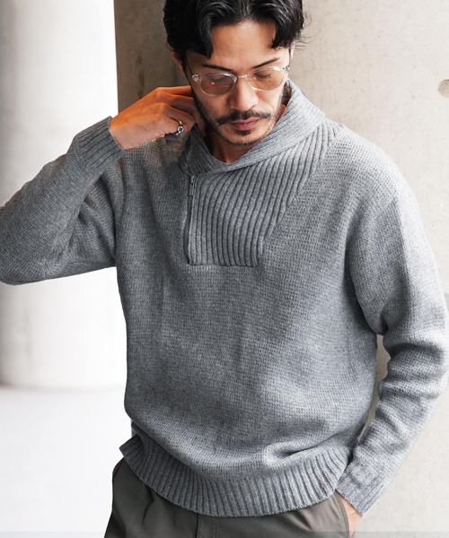 jiggys shop(ジギーズショップ)の「ショールカラーハーフジップあぜ編みニットセーター(ニット/セーター・メンズ・グレー/ブラック/アイボリー/パープル系その他・MEDIUM/LARGE/X-LARGE)」の1枚目の写真