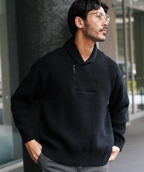 jiggys shop(ジギーズショップ)の「ショールカラーハーフジップあぜ編みニットセーター(ニット/セーター・メンズ・グレー/ブラック/アイボリー/パープル系その他・MEDIUM/LARGE/X-LARGE)」の3枚目の写真