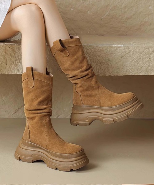 shoes365(シューズスリーシックスファイヴ)の「【SHOES 365】厚底フィットブーツ(ブーツ・レディース・ブラック/キャメル・22.5cm/23.0cm/23.5cm/24.0cm/24.5cm/25.0cm)」の1枚目の写真