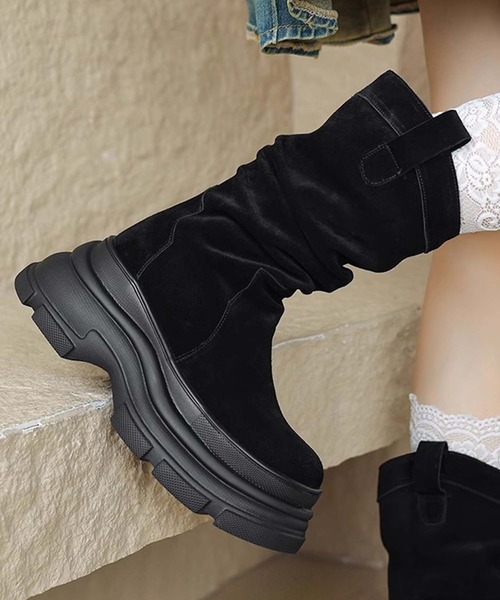 shoes365(シューズスリーシックスファイヴ)の「【SHOES 365】厚底フィットブーツ(ブーツ・レディース・ブラック/キャメル・22.5cm/23.0cm/23.5cm/24.0cm/24.5cm/25.0cm)」の2枚目の写真