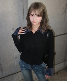 tinkerend（ティンカーエンド）の「Ruched Striped Ribbed Cardigan   シャーリングストライプリブカーディガン（シャツ/ブラウス）」