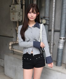 tinkerend（ティンカーエンド）の「Ruched Striped Ribbed Cardigan / シャーリングストライプリブカーディガン（シャツ/ブラウス）」