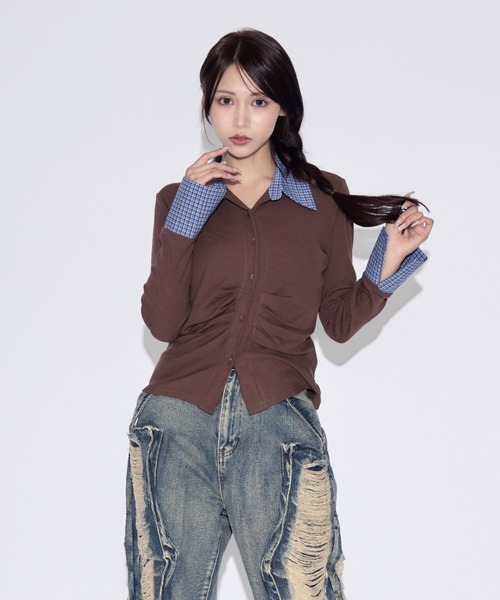 tinkerend(ティンカーエンド)の「Ruched Striped Ribbed Cardigan / シャーリングストライプリブカーディガン(シャツ/ブラウス・レディース・ブラック/グレー/ホワイト/ブラウン/ブラック系その他/グレー系その他・FREE)」の6枚目の写真