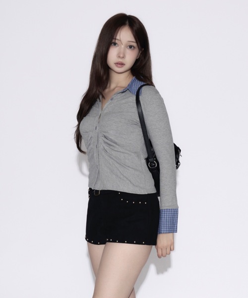 tinkerend(ティンカーエンド)の「Ruched Striped Ribbed Cardigan / シャーリングストライプリブカーディガン(シャツ/ブラウス・レディース・ブラック/グレー/ホワイト/ブラウン/ブラック系その他/グレー系その他・FREE)」の4枚目の写真