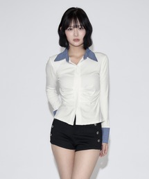 WANT SLIP（ウォント スリップ）の「Ruched Striped Ribbed Cardigan / シャーリングストライプリブカーディガン（シャツ/ブラウス）」