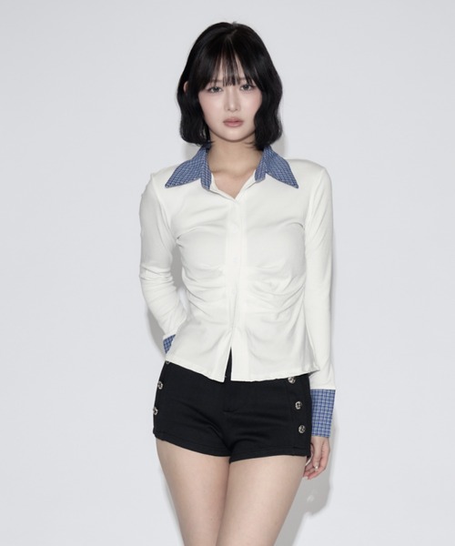 tinkerend(ティンカーエンド)の「Ruched Striped Ribbed Cardigan / シャーリングストライプリブカーディガン(シャツ/ブラウス・レディース・ブラック/グレー/ホワイト/ブラウン/ブラック系その他/グレー系その他・FREE)」の2枚目の写真