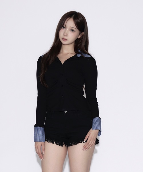 tinkerend(ティンカーエンド)の「Ruched Striped Ribbed Cardigan / シャーリングストライプリブカーディガン(シャツ/ブラウス・レディース・ブラック/グレー/ホワイト/ブラウン/ブラック系その他/グレー系その他・FREE)」の1枚目の写真
