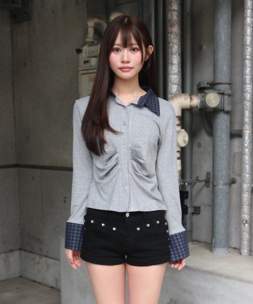 tinkerend(ティンカーエンド)の「Ruched Striped Ribbed Cardigan / シャーリングストライプリブカーディガン(シャツ/ブラウス・レディース・ブラック/グレー/ホワイト/ブラウン/ブラック系その他/グレー系その他・FREE)」の21枚目の写真
