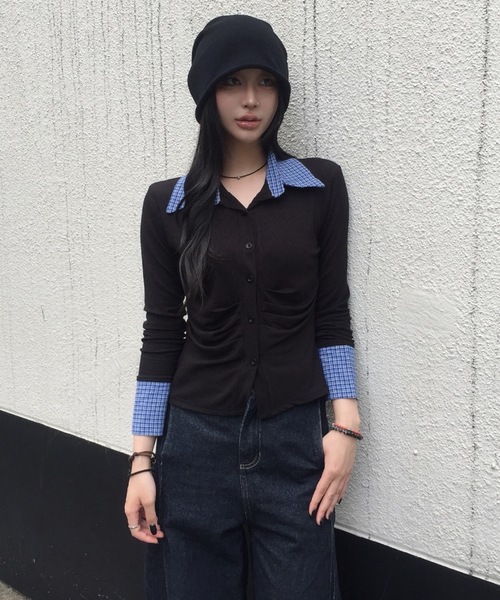 tinkerend(ティンカーエンド)の「Ruched Striped Ribbed Cardigan / シャーリングストライプリブカーディガン(シャツ/ブラウス・レディース・ブラック/グレー/ホワイト/ブラウン/ブラック系その他/グレー系その他・FREE)」の21枚目の写真