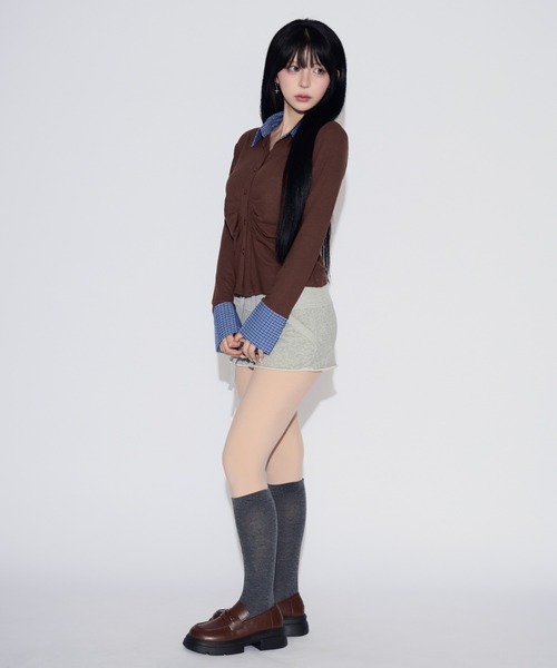 tinkerend(ティンカーエンド)の「Ruched Striped Ribbed Cardigan / シャーリングストライプリブカーディガン(シャツ/ブラウス・レディース・ブラック/グレー/ホワイト/ブラウン/ブラック系その他/グレー系その他・FREE)」の20枚目の写真