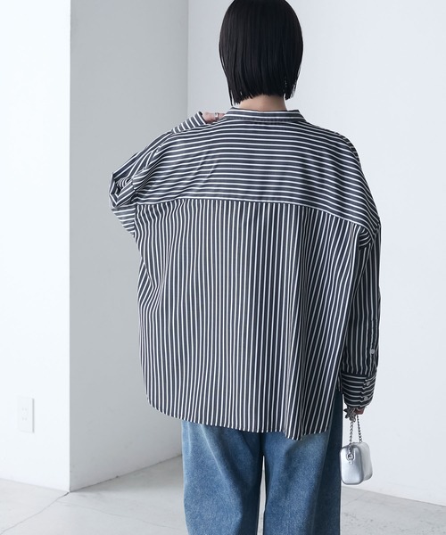 forksy.(フォルクシー)の「【forksy.】【セットアップ対応】ストライプ フロントリボン オーバーサイズシャツ(シャツ/ブラウス・レディース・ブルー/ブラック・FREE)」の7枚目の写真