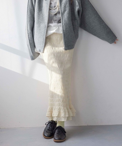 LOWRYS FARM（ローリーズファーム）の「スソフリルシャーリングスカート　310173（スカート・レディース・ブラック系その他/ブラック/アイボリー/イエロー・FREE）」の7枚目の写真