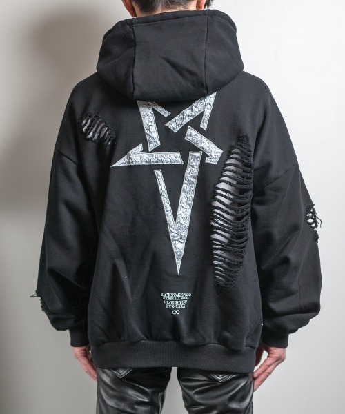 バックステージパス　ペンタグラム ジップアップ クラッシュパーカー　ブラック バックステージパス ペンタグラム ジップアップ クラッシュパーカー