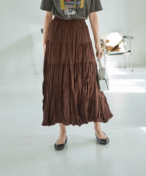 STYLE DELI（スタイルデリ）の「コットン質感ワッシャーティアードスカート（スカート・レディース・アイボリー/ブラック/ブラウン・FREE）」の2枚目の写真
