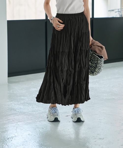 STYLE DELI（スタイルデリ）の「コットン質感ワッシャーティアードスカート（スカート・レディース・アイボリー/ブラック/ブラウン・FREE）」の3枚目の写真