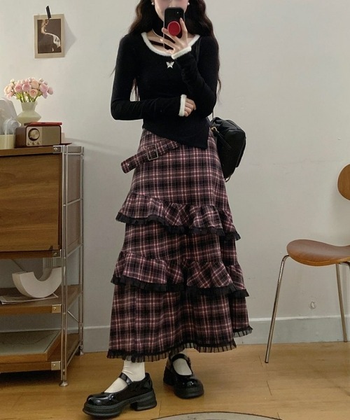 gossip!ロサンゼルス(ゴシップロサンゼルス)の「Y2Kヴィンテージ風 チェック柄ティアードスカート レースディテール ロングスカート デイリー&シンプル(スカート・レディース・ピンク・FREE)」の5枚目の写真