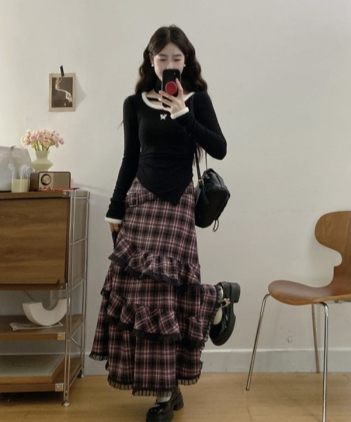 gossip!ロサンゼルス(ゴシップロサンゼルス)の「Y2Kヴィンテージ風 チェック柄ティアードスカート レースディテール ロングスカート デイリー&シンプル(スカート・レディース・ピンク・FREE)」の16枚目の写真