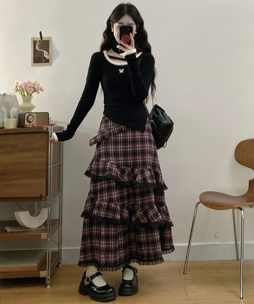 gossip!ロサンゼルス(ゴシップロサンゼルス)の「Y2Kヴィンテージ風 チェック柄ティアードスカート レースディテール ロングスカート デイリー&シンプル(スカート・レディース・ピンク・FREE)」の9枚目の写真