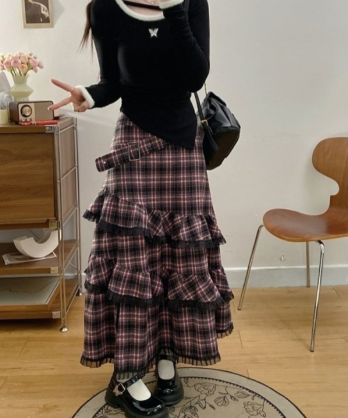 gossip!ロサンゼルス(ゴシップロサンゼルス)の「Y2Kヴィンテージ風 チェック柄ティアードスカート レースディテール ロングスカート デイリー&シンプル(スカート・レディース・ピンク・FREE)」の10枚目の写真