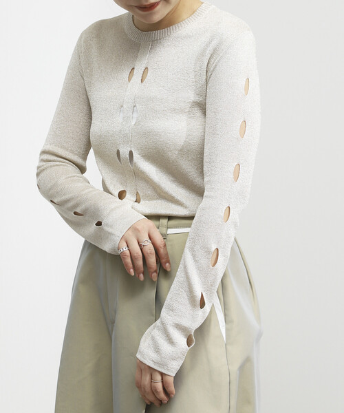 Firsthand（ファーストハンド）の「Firsthand/ファーストハンド ロングスリーブ アイレット ラメ ニット / リラックスフィット（ニット/セーター・レディース・ブラック/オフホワイト/グレー・ﾌﾘ-）」の5枚目の写真