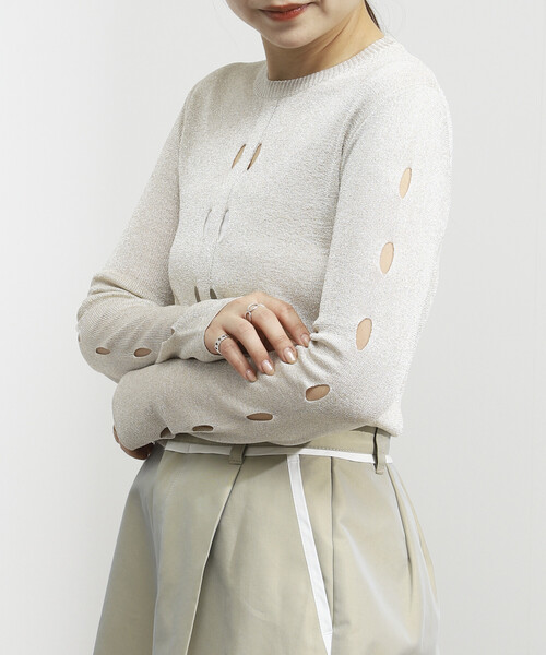 Firsthand（ファーストハンド）の「Firsthand/ファーストハンド ロングスリーブ アイレット ラメ ニット / リラックスフィット（ニット/セーター・レディース・ブラック/オフホワイト/グレー・ﾌﾘ-）」の6枚目の写真