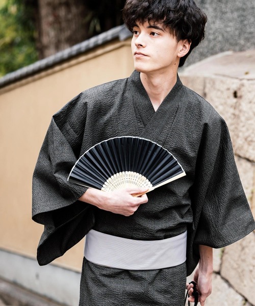 セール】しじら織り帯付き浴衣 扇子 下駄 巾着 5点セット 無地